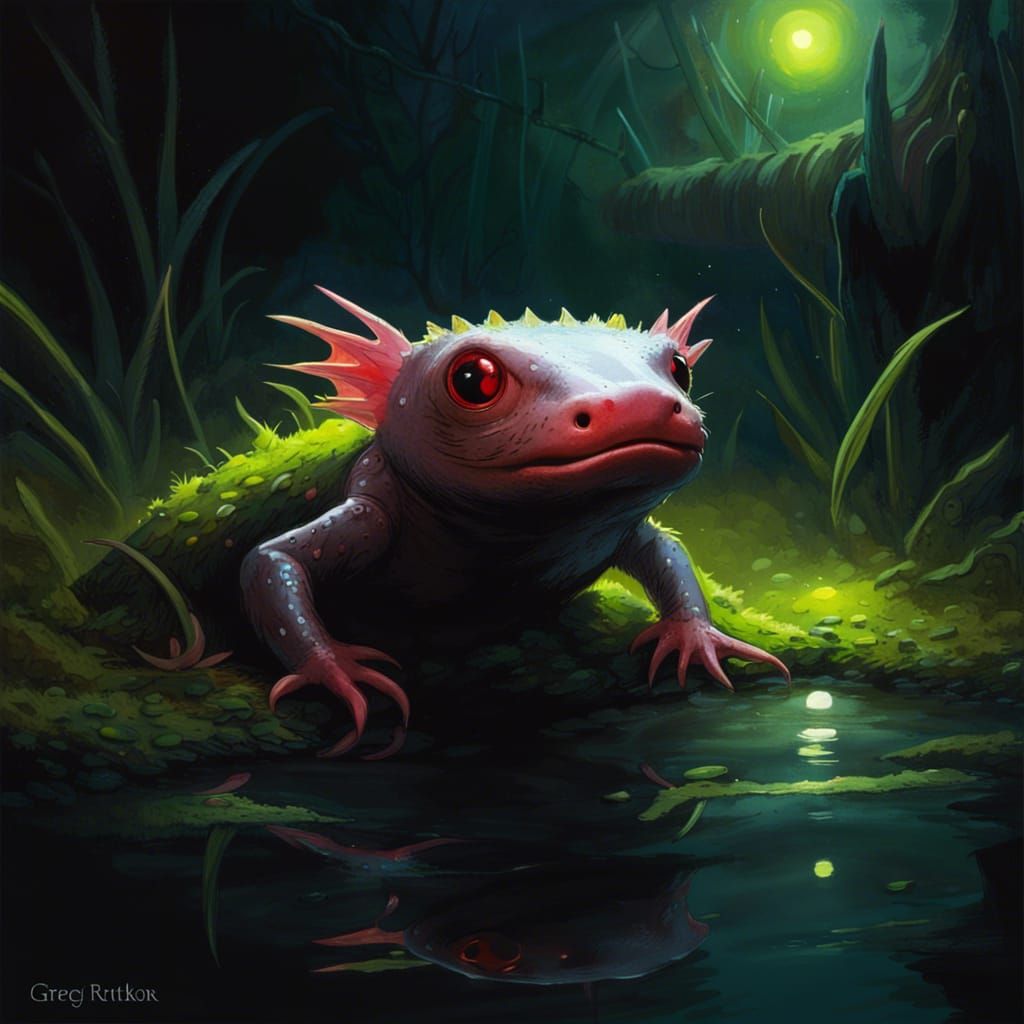 Sinister Axolotl with Glowing Eyes in Swamp