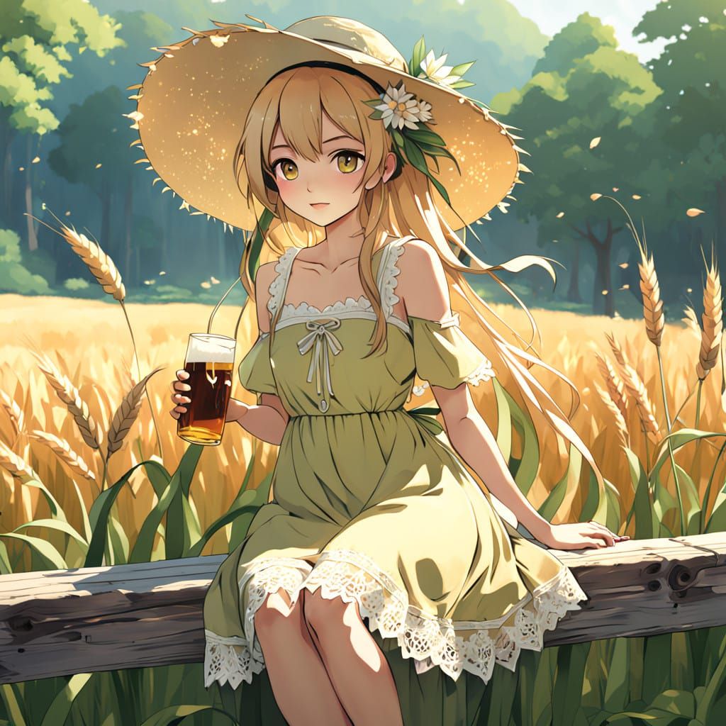 Serenely Adorned Summer Goddess Sits Amidst Lush Cornfield