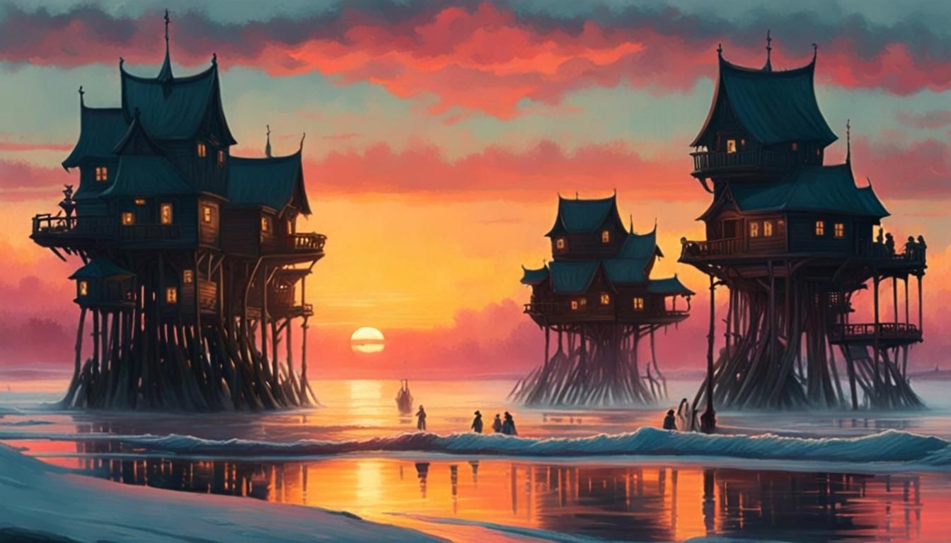 Fantasy Coastal Village Sunset