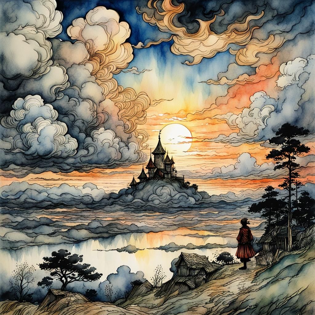 Watercolor Sunset Castle in Anime Style