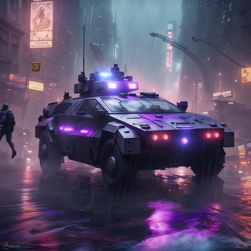 Cyberpunk Police Chase in Rainy Cityscape