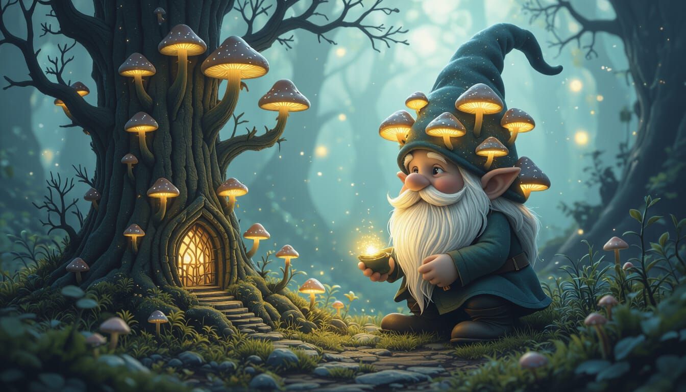 A whimsical gnome, adorned with a crown of glowing mushrooms...