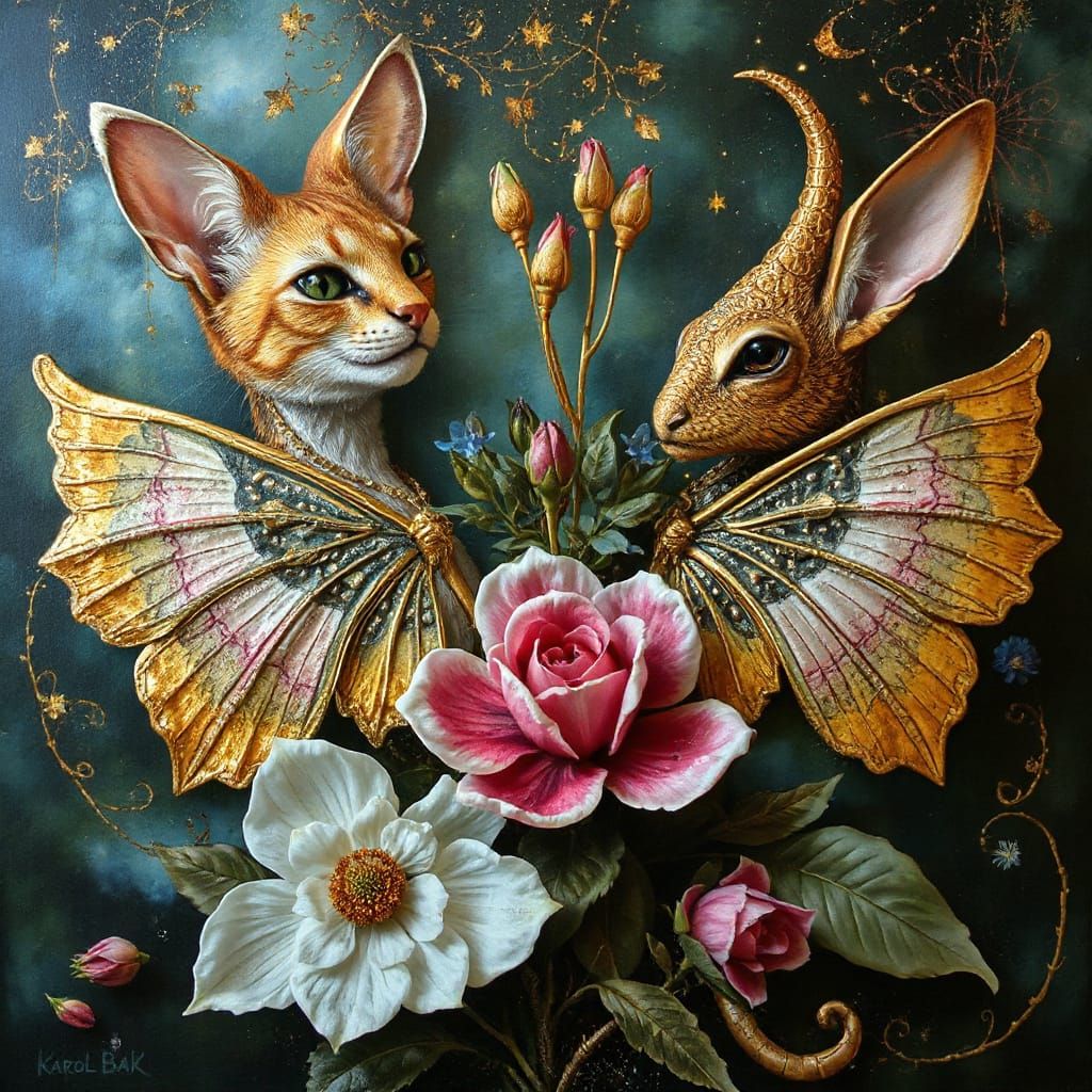 Surreal Celestial Flora and Fauna with Gold Leaf