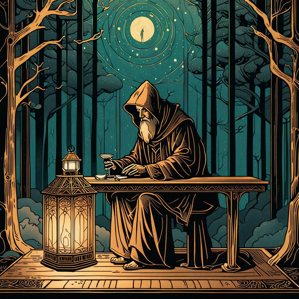 Art Deco Hermit Tarot Card Illustration