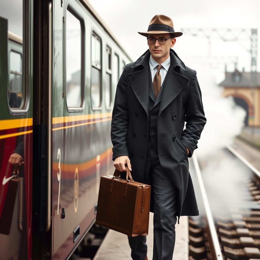 1950s Businessman Boarding Train in Timeless Travel Scene