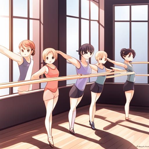 Ballet teacher teaching girls standing at the barre by artis...