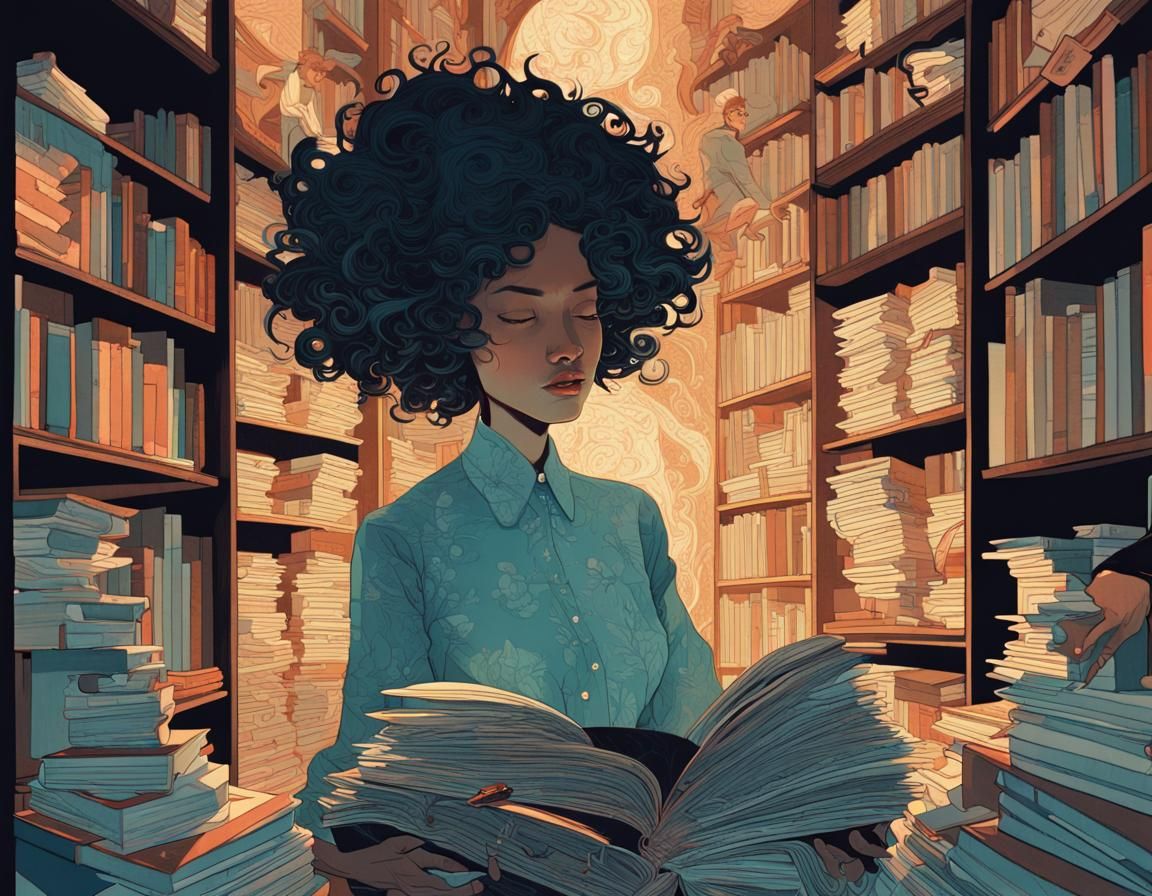 Whimsical Librarian Portrait in Inkpunk Style