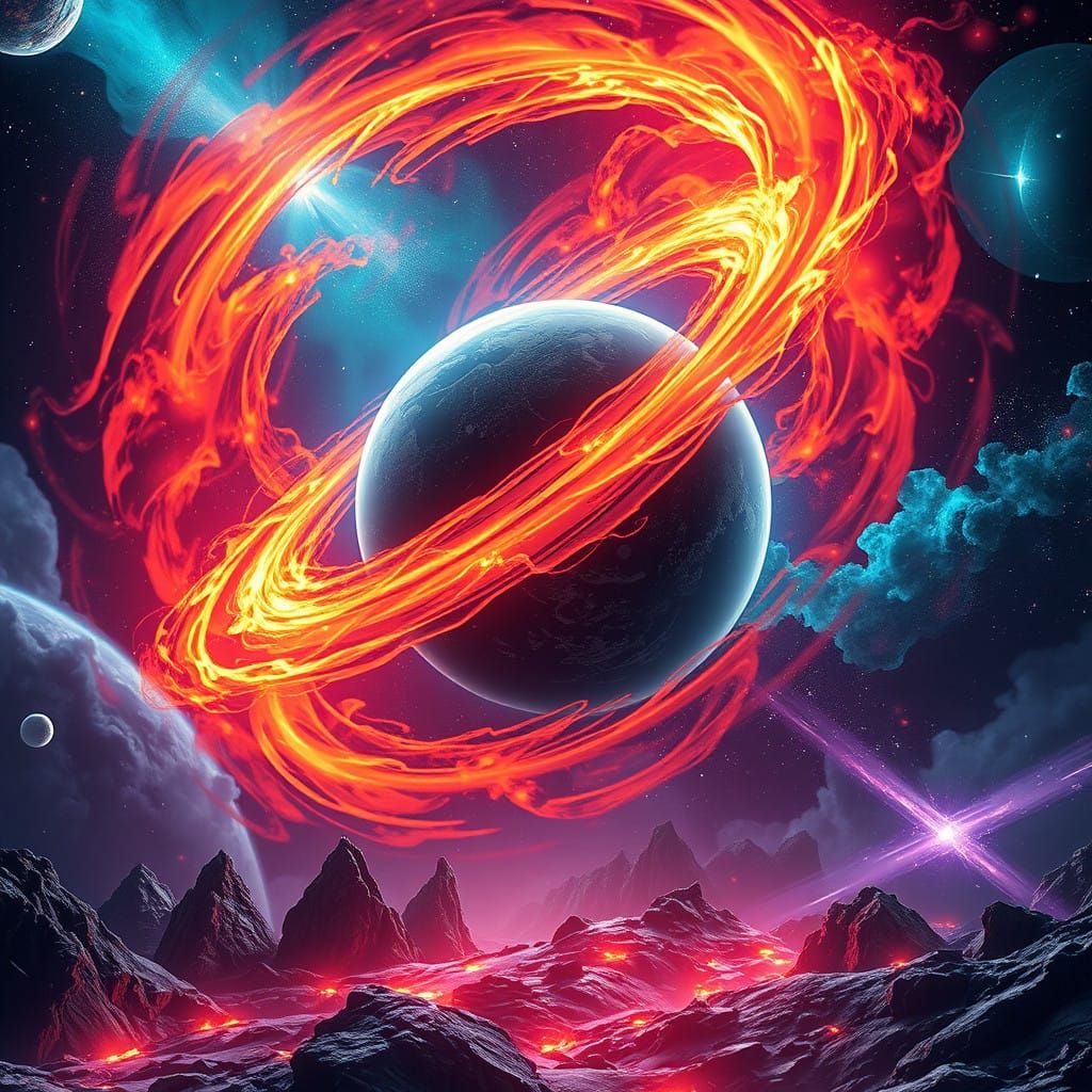 Cosmic Planet Swirling in Fiery Energy Rings