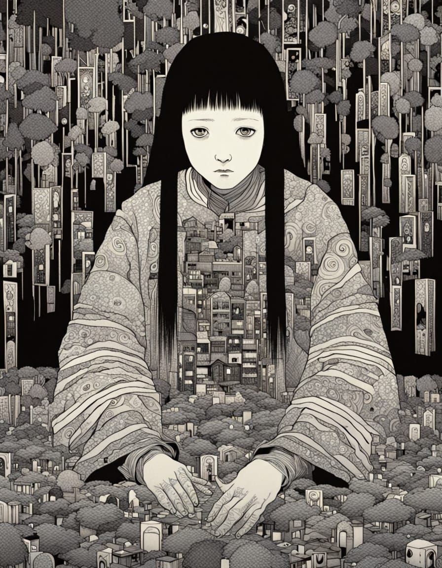 Weeping Android in Junji Ito and Klimt Style