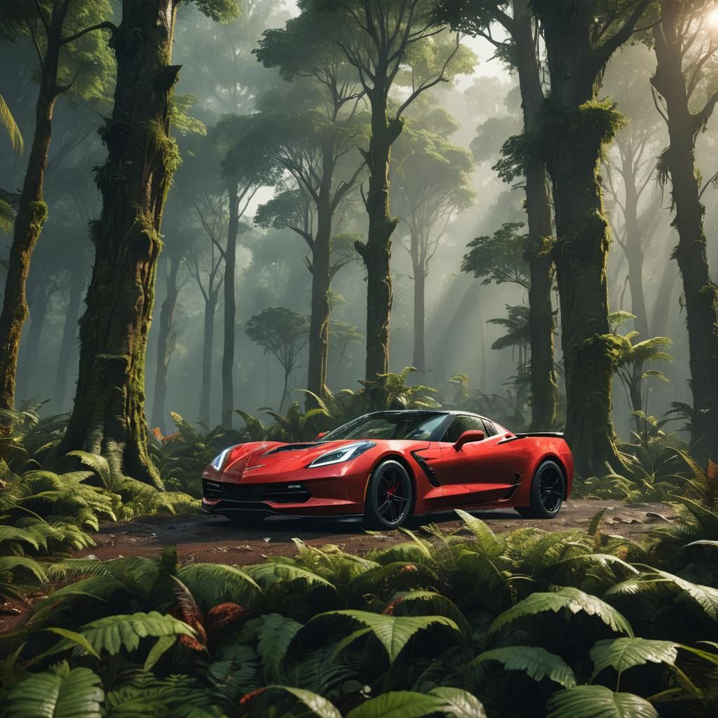Red Corvette in Jurassic Forest: Hyper-Realistic Art