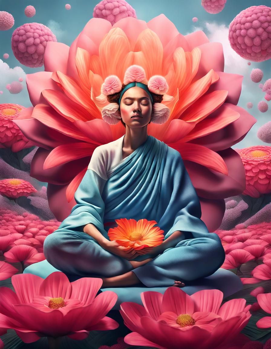 Meditating Woman in Flower Toga on Giant Flower