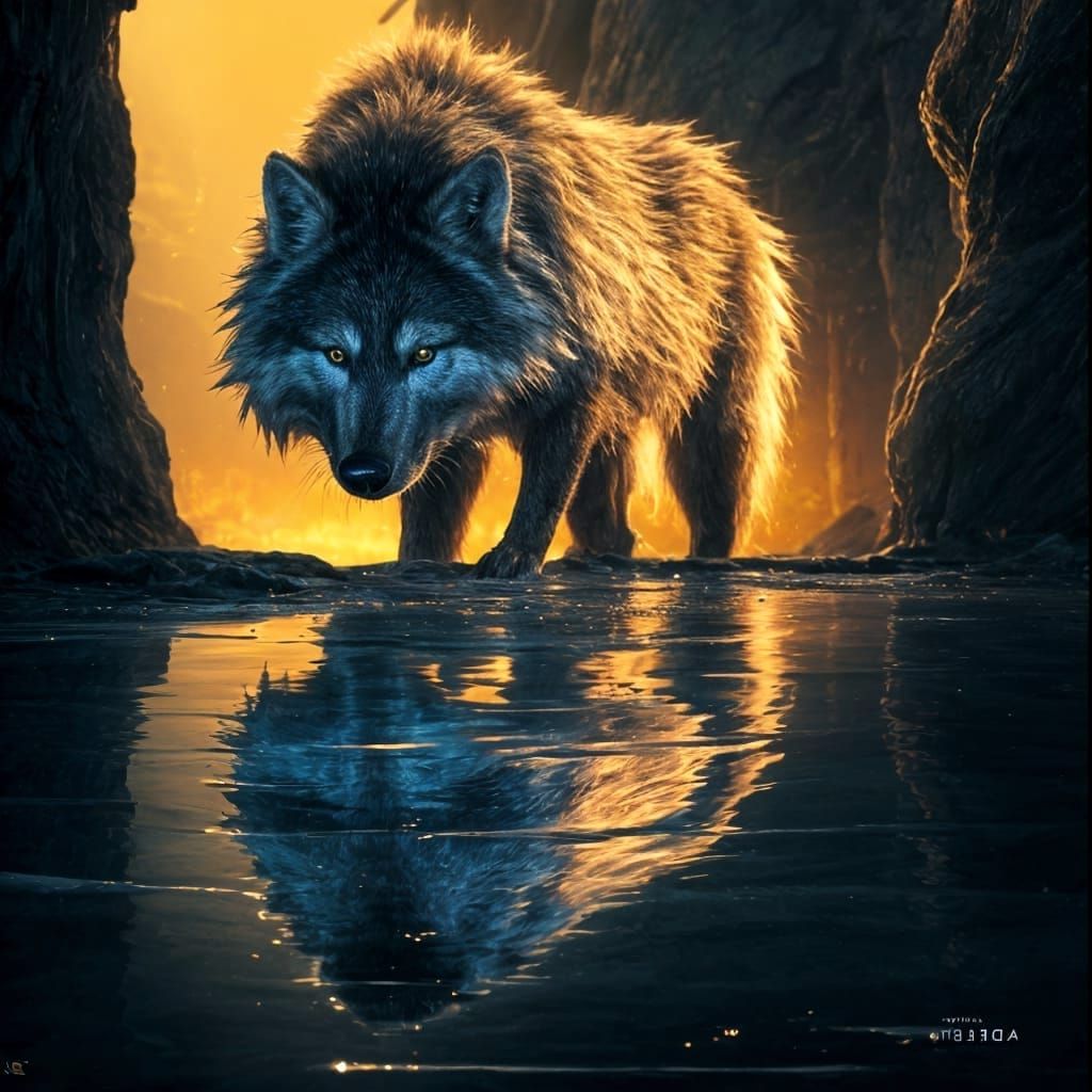Fantastical Wolf in Deep Colorful Reflection