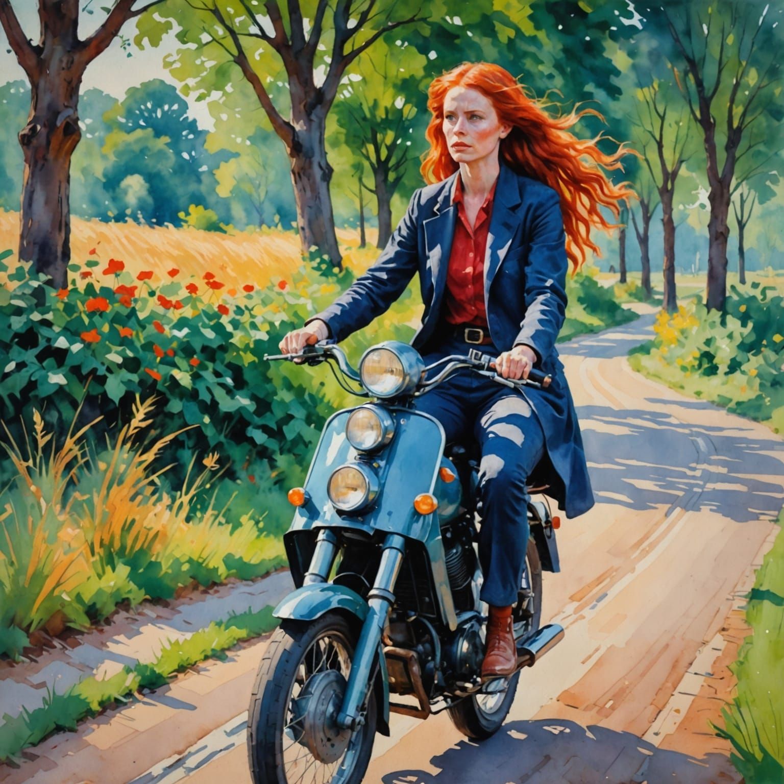Red-Haired Woman on Motorcycle in Gouache Style