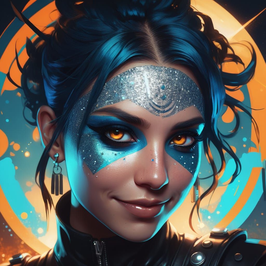 Gothic Punk Rockstar Illuminated by Retro-Futuristic Spotlig...