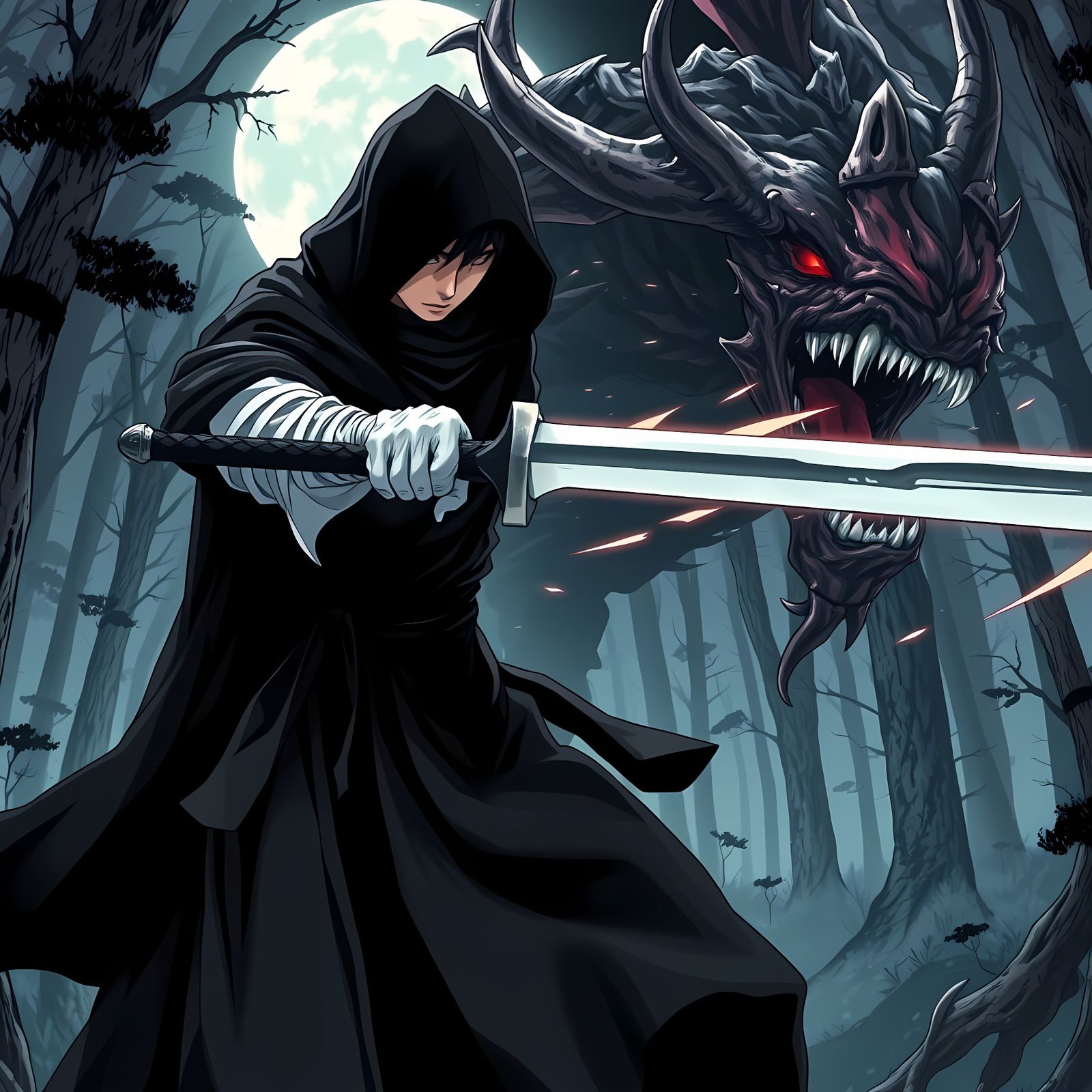 Dark Fantasy Warrior Battles Demon in Moonlit Forest Anime S...