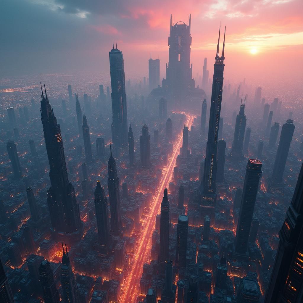 Dystopian Metropolis: Bird's-Eye View in 8k