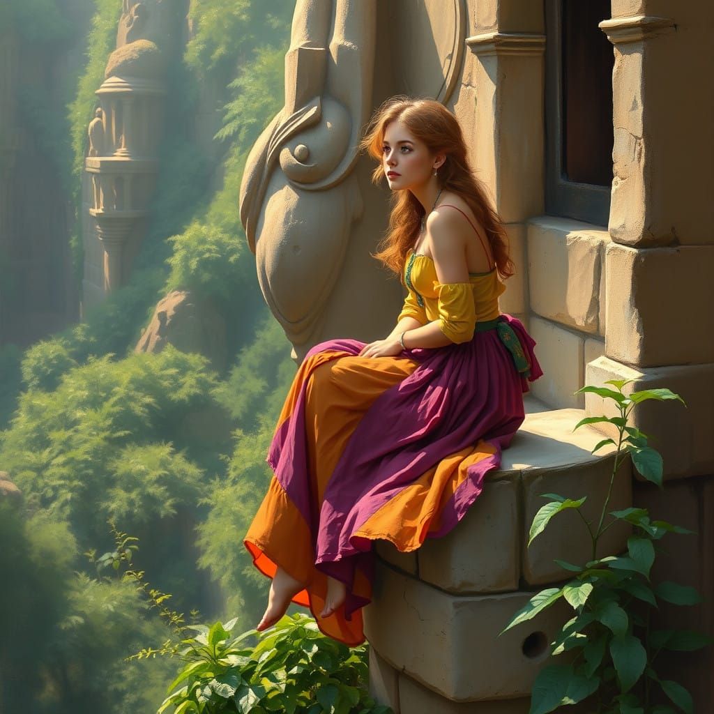 Woman Lost in Thought Amidst Vibrant Greenery