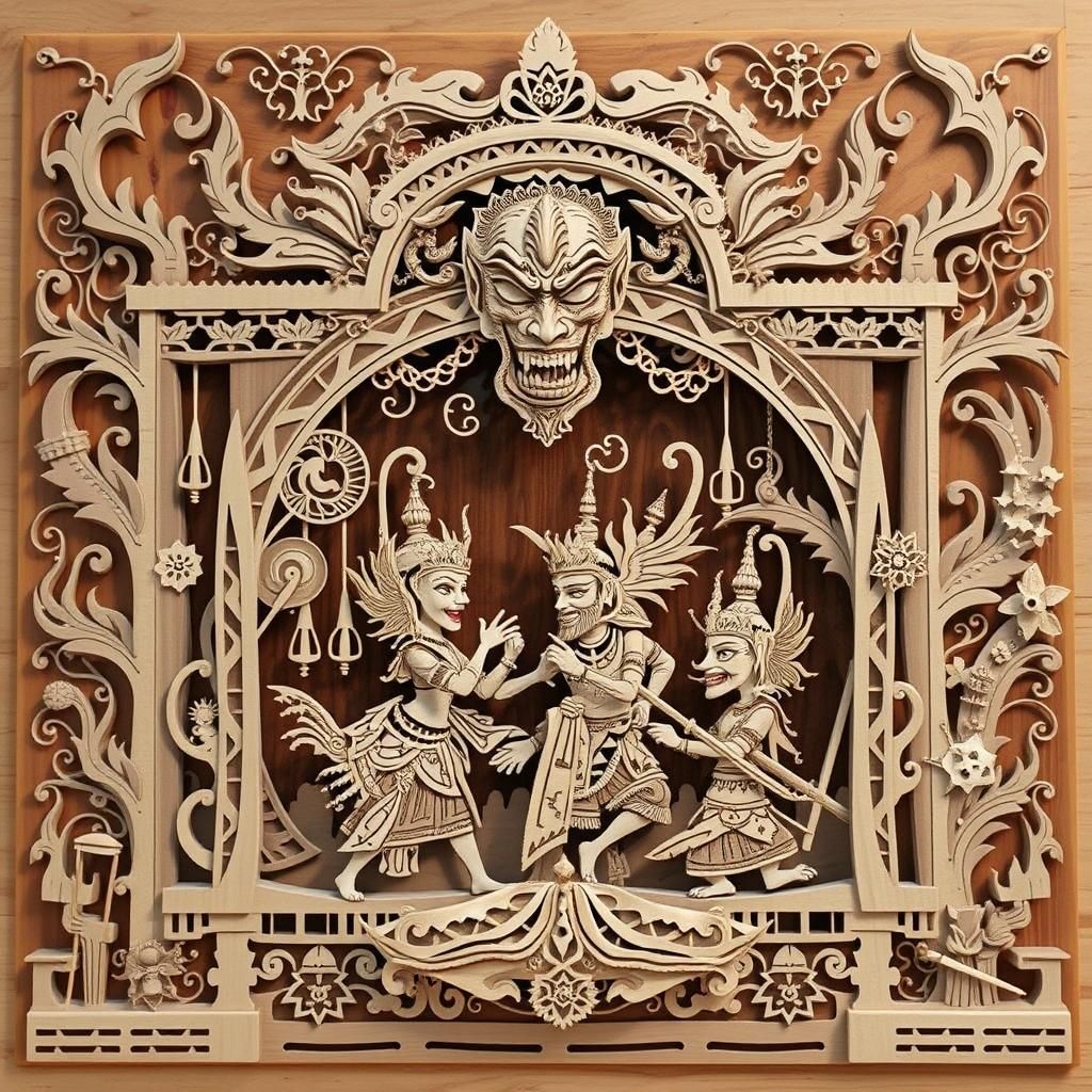 Wayang Kulit Performance in Teak Wood 3D Render