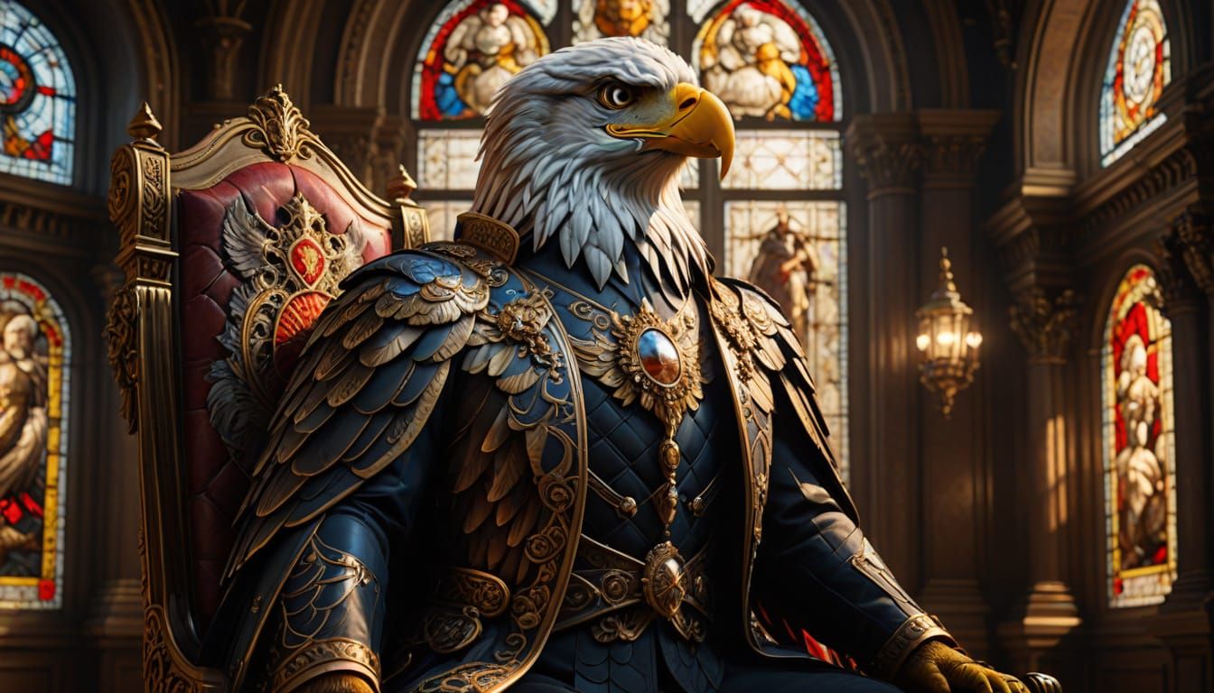 Majestic Eagle in Regal Attire, Baroque Throne, Grand Librar...