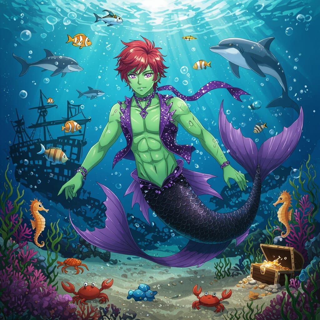 Anime Merman with Mermaid Tail Swimming in Ocean