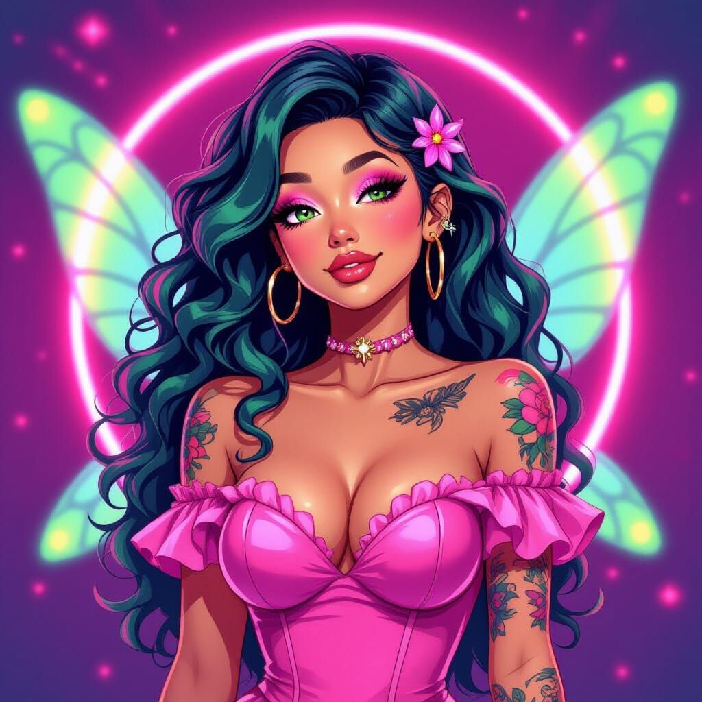 Neon Fairy Lady in Anime Style