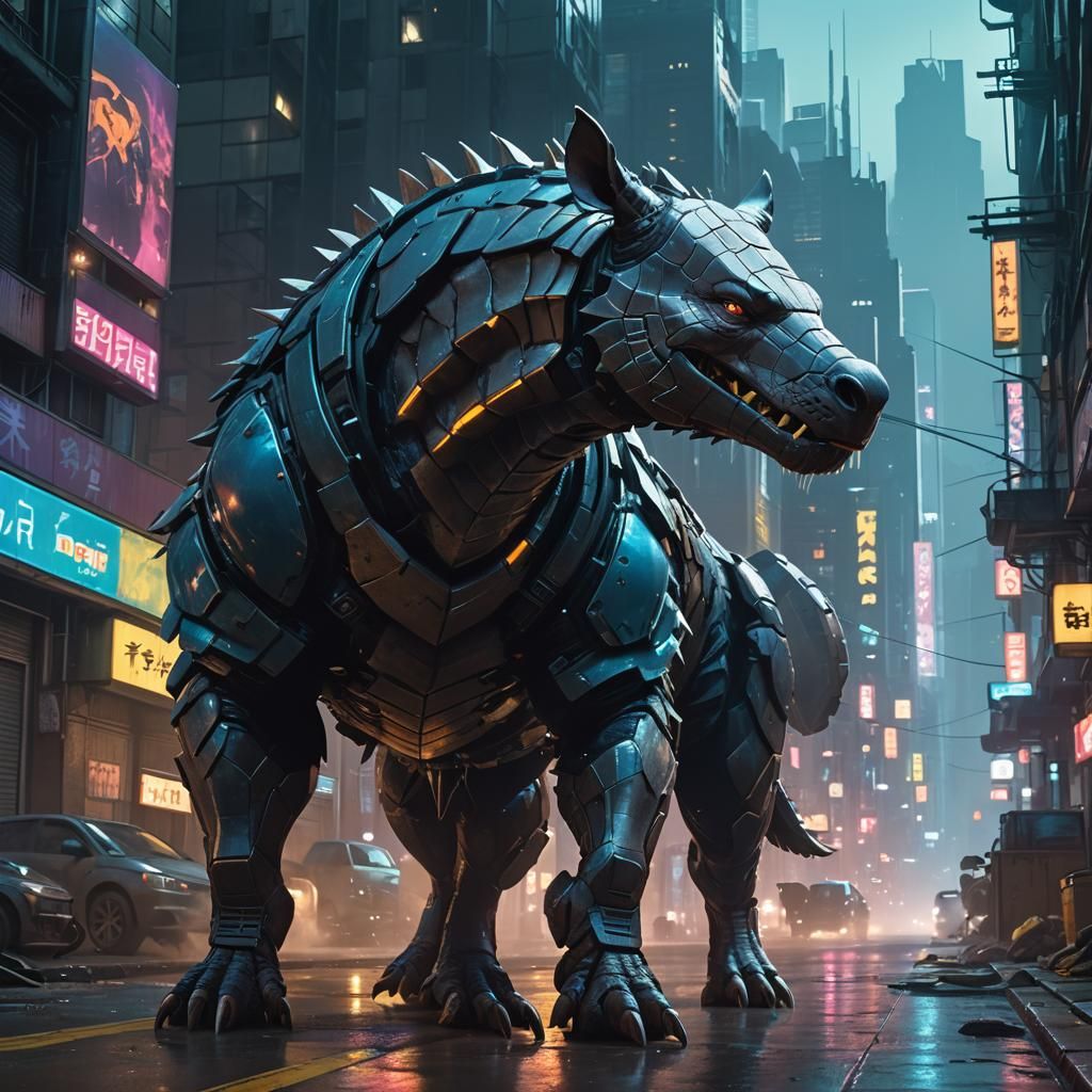 Wolf Rhino Pangolin Hybrid in Cyberpunk Alleyway