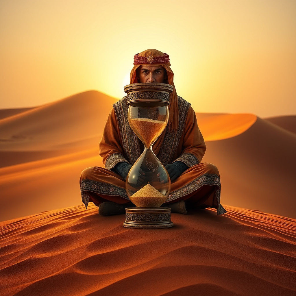Bedouin Contemplates Time in Desert, Hyper-Realistic Style