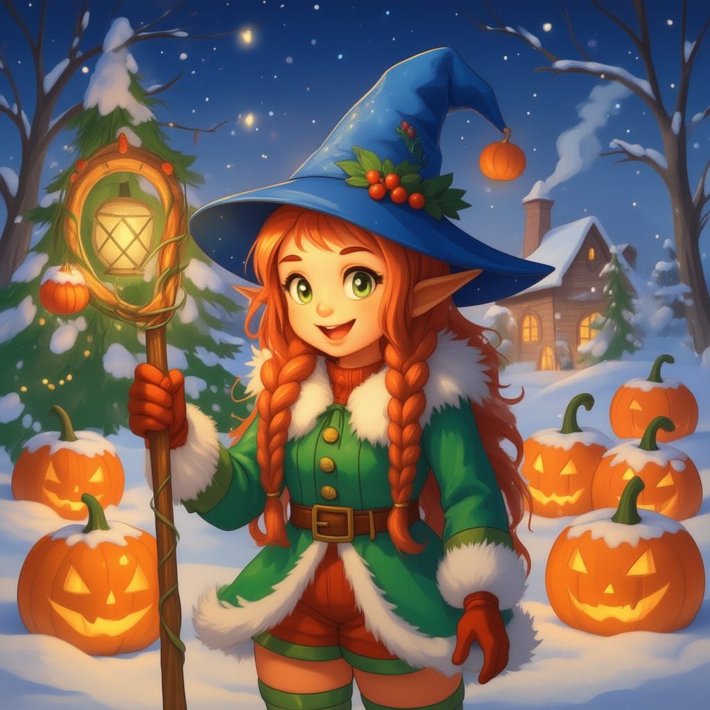 storybook illustration of a pumpkin witch in a snow-covered ...