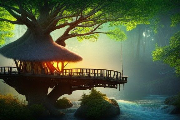 Fantastical Treehouse by Flowing River in Morning Sun