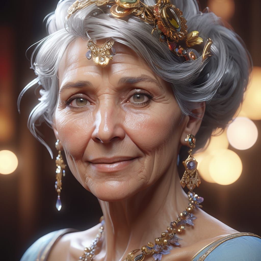 Elegant Woman in Rich Attire with Twinkling Eyes