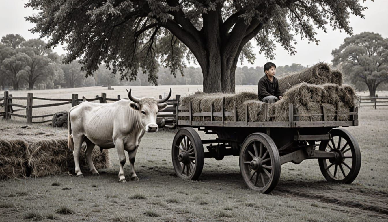 Boy on Hay Cart: Vintage Black and White Photo