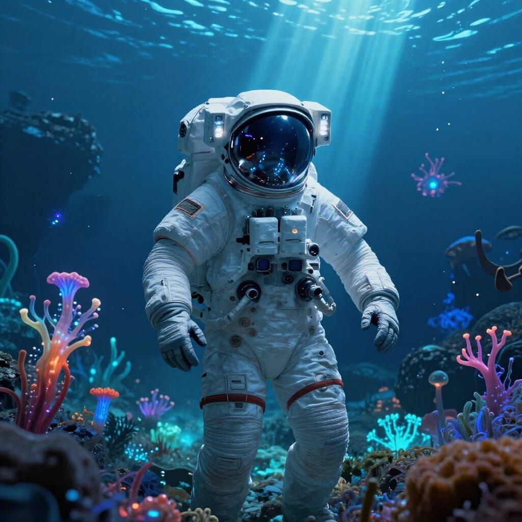 Astronaut Explores Vibrant Alien Ocean in Digital Matte Pain...