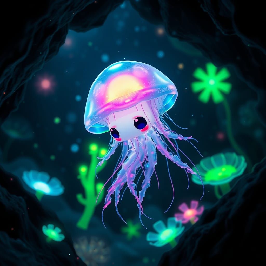 Glowing Jellyfish in Bioluminescent Cavern