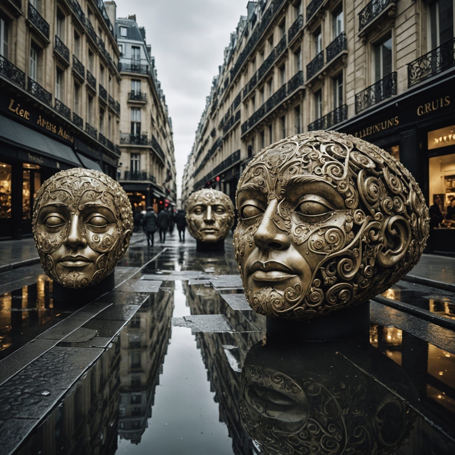 Fractal Faces in Rainy Paris: Hyper-Detailed Cityscape