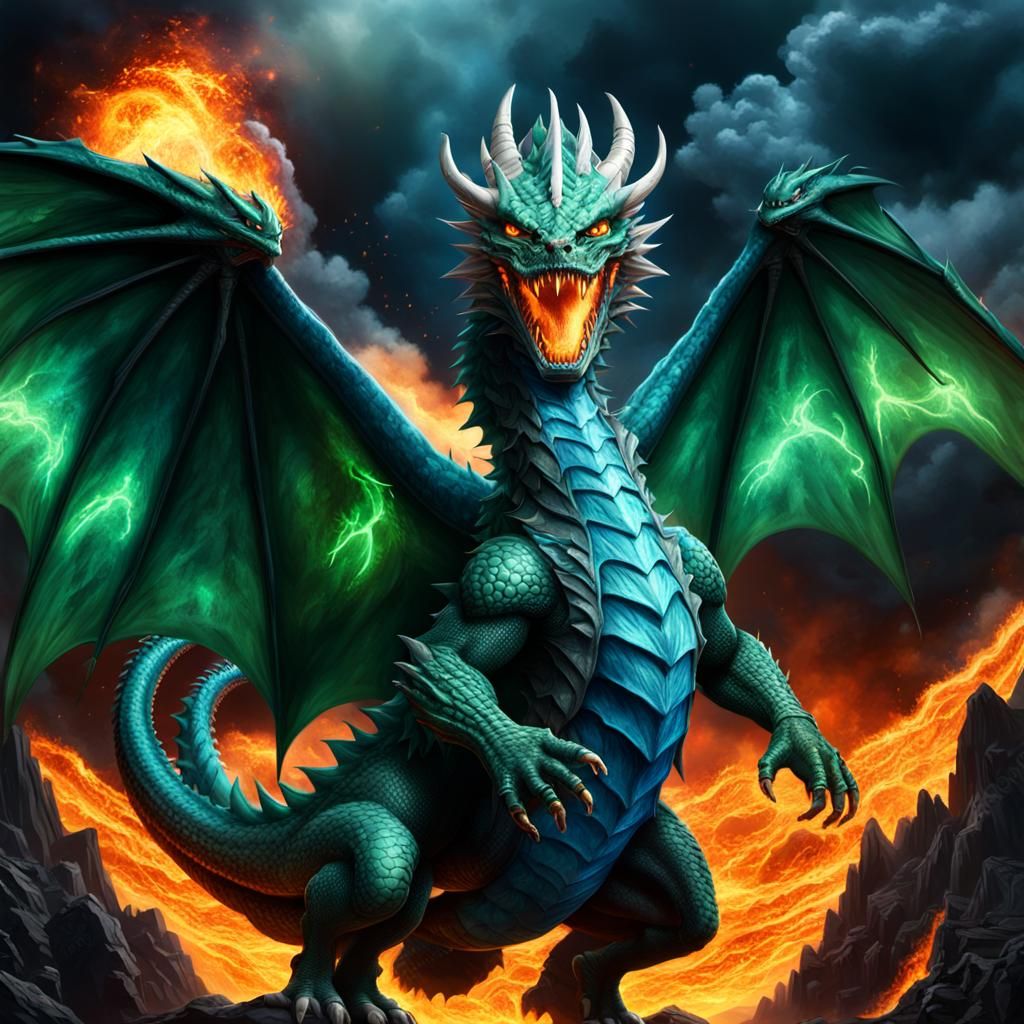 Giant Green Dragon Flying to Volcano Eruption
