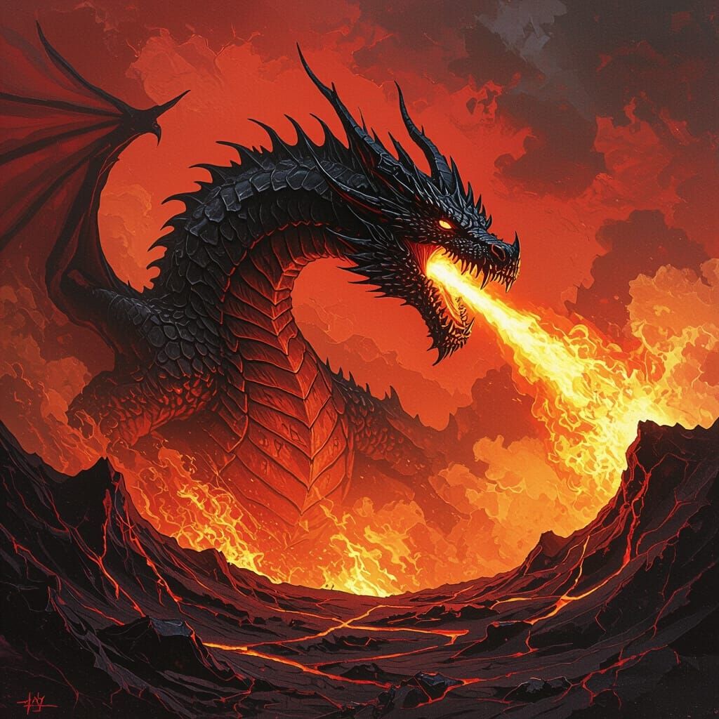 Dragon Emerges from Volcano Crater in Terror Fantasy Style