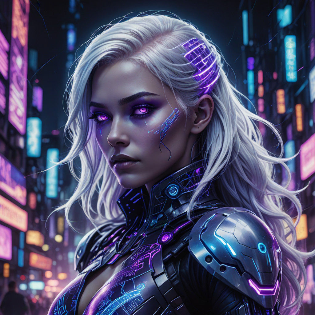 Cyberpunk Goddess in Radiant White Hair and Purple Armor