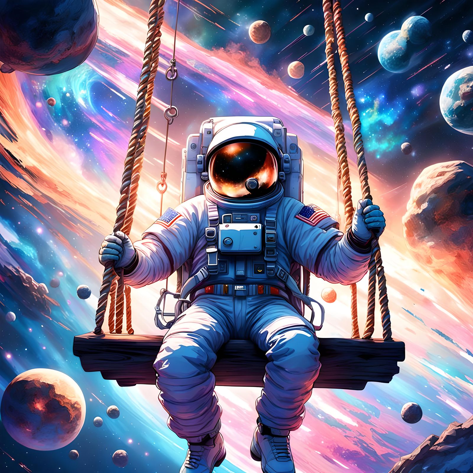 Astronaut on Swing in Colorful Galaxy, 3D Anime Art
