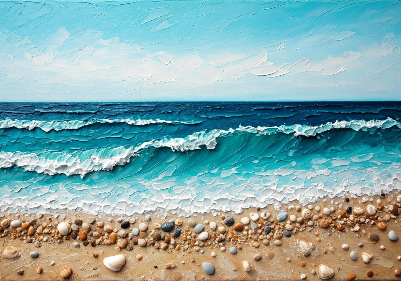 Textured Seashore Painting with Impasto and Natural Elements