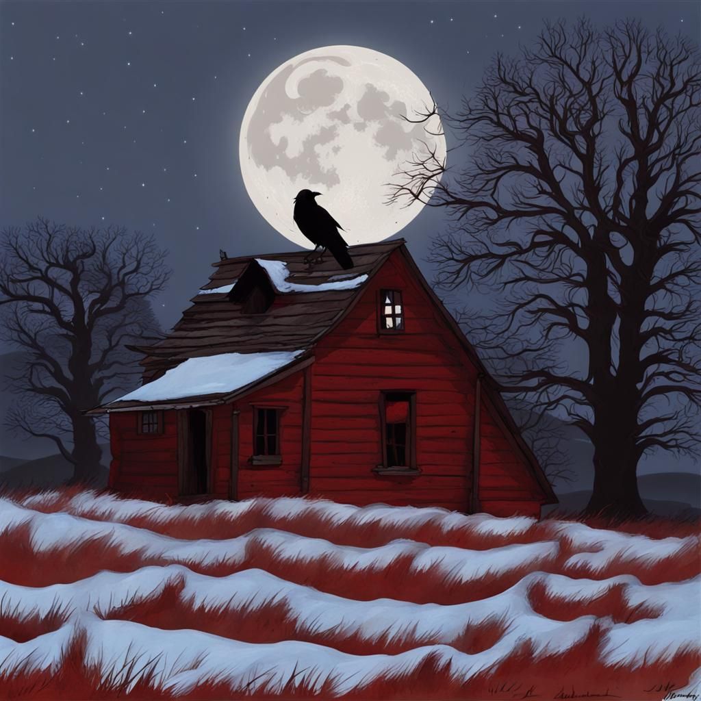 Raven on Barn Roof with Full Moon