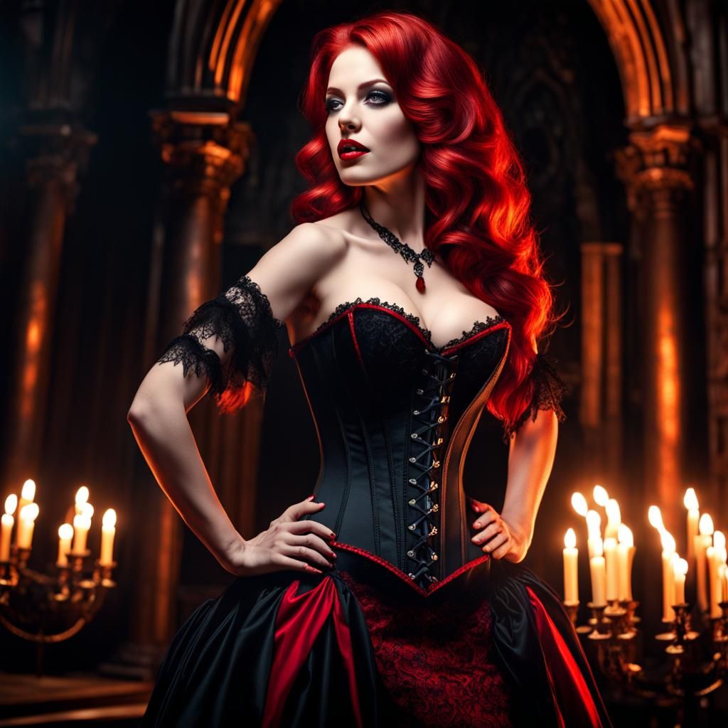 Redhead Vampire Dancing at Gothic Castle Party