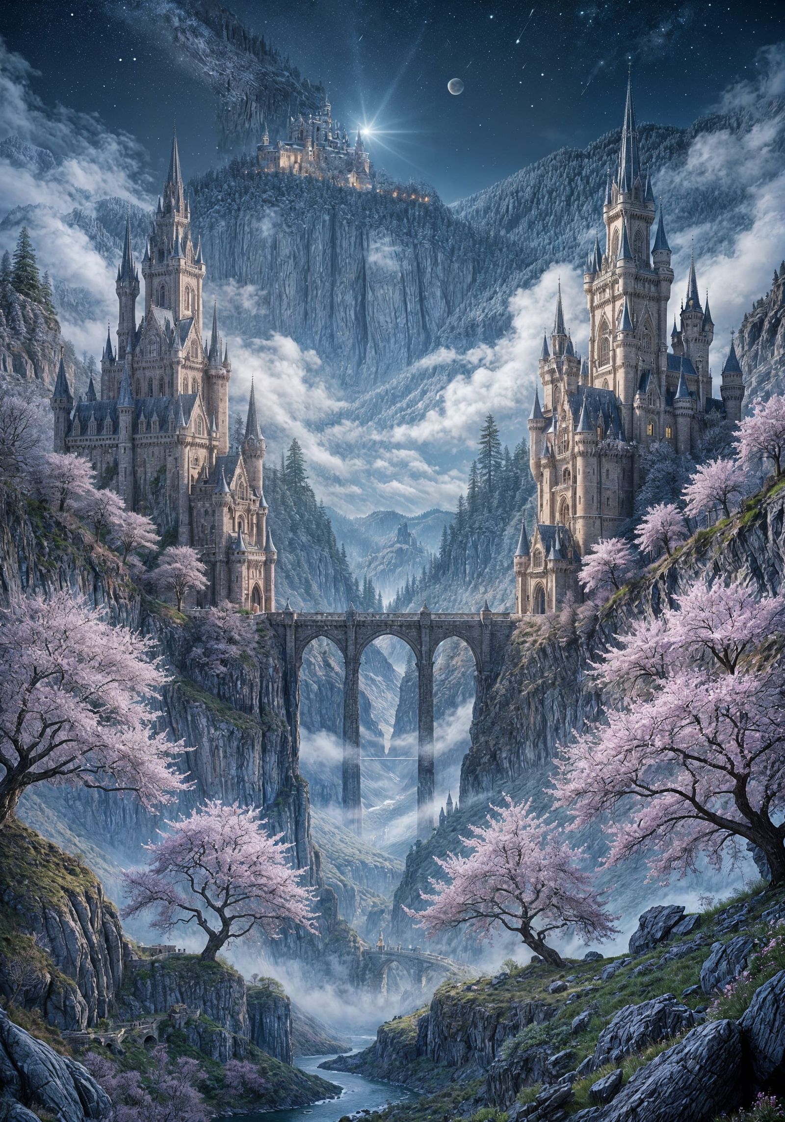 Dreamy Gothic Castles in Misty Fantasy Landscape