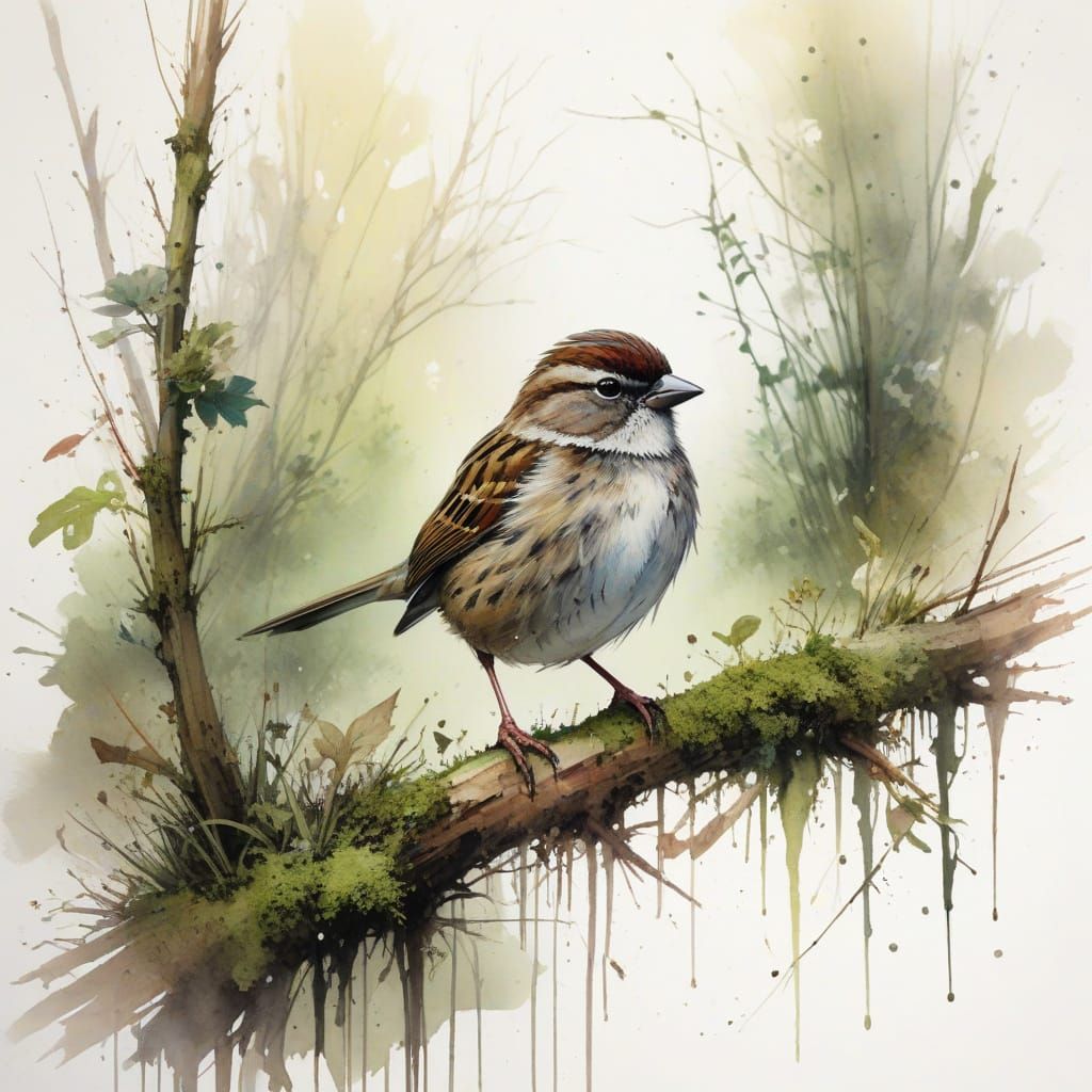 Surreal Watercolour Scene of Sparrow in Riverside Clearing
