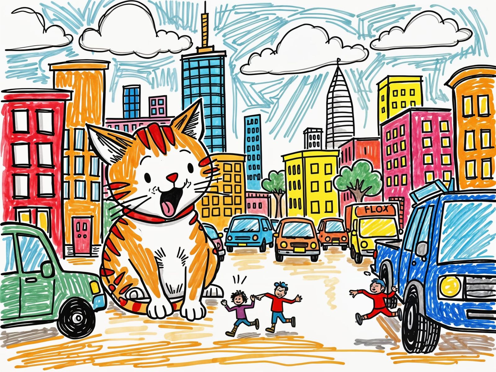 Humorous City Scene with Giant Kitten, Crayon Style