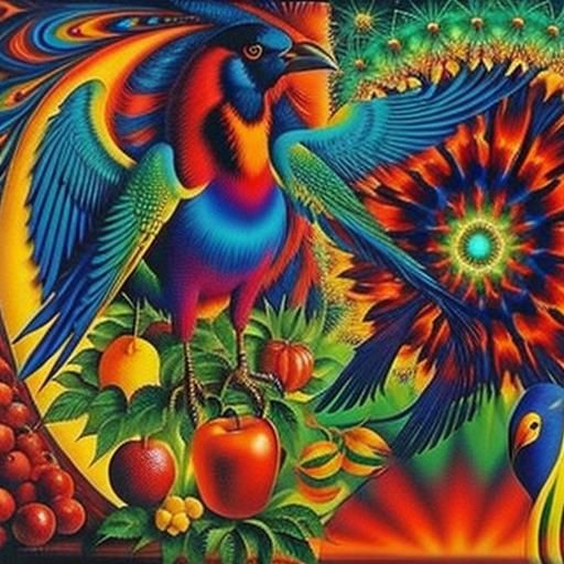 Surreal Fruit, Birds, Fire, and Stone Composition