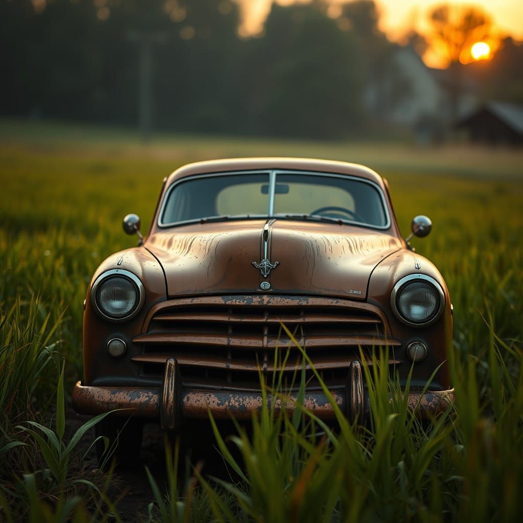 Epic Bronze Car in Sunrise Field