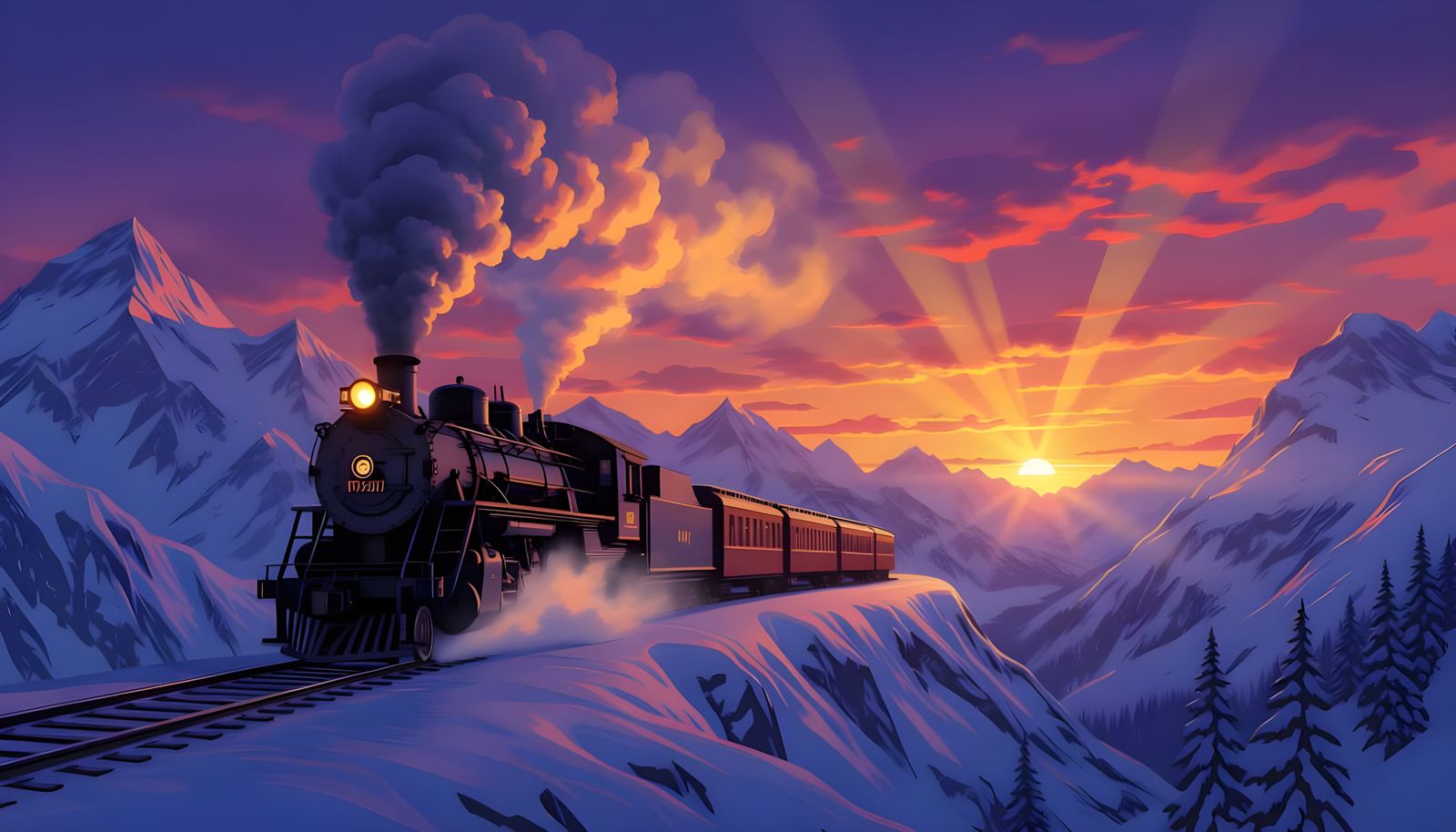 Majestic Steam Train Crosses Frozen Mountain Pass at Sunset