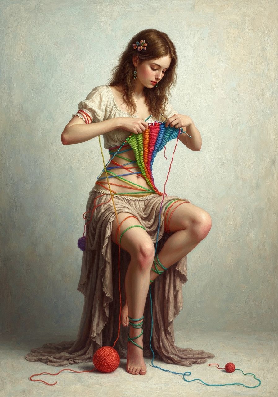 Woman Knits Body From Colorful Yarn in Surreal Style