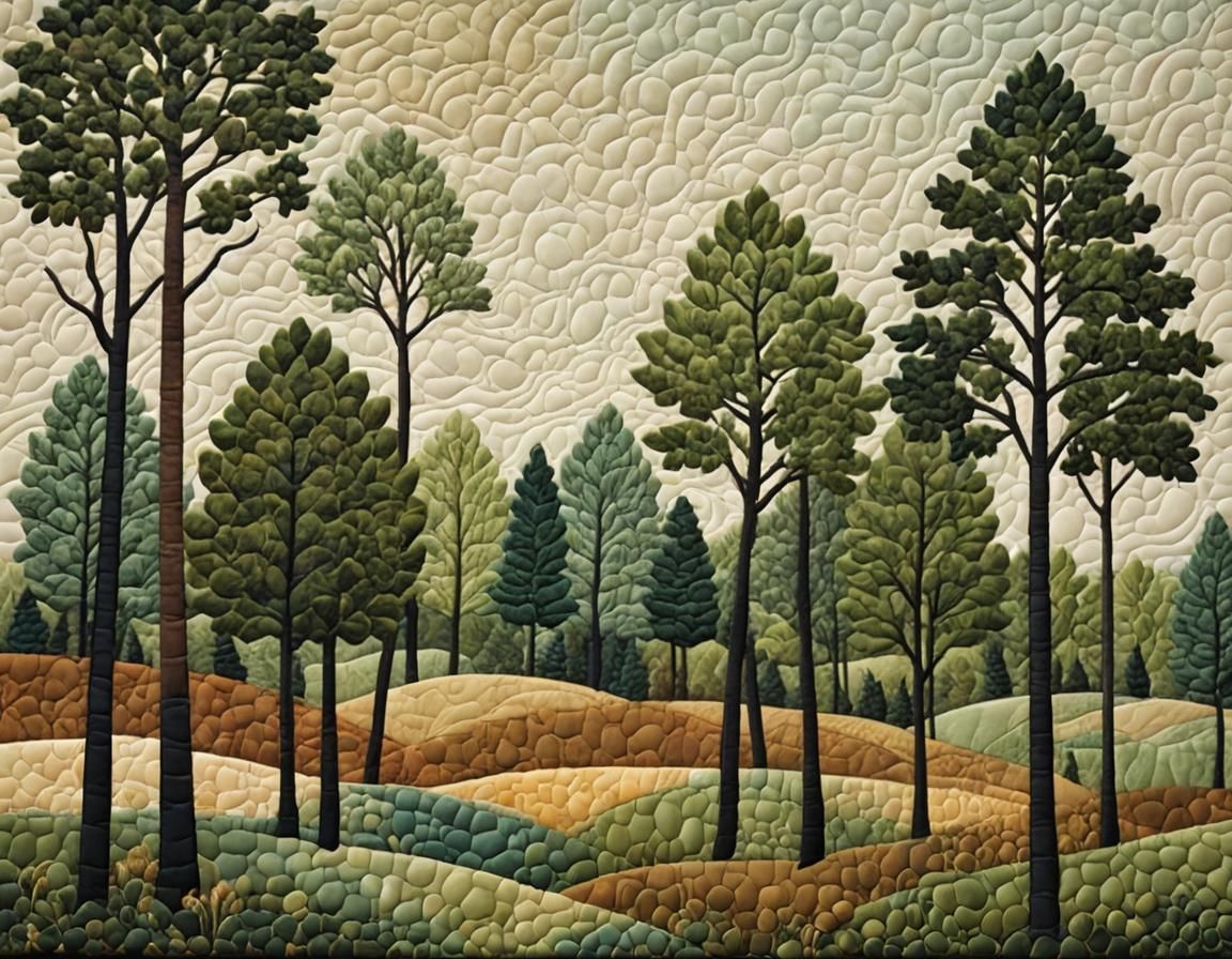 Quilted ART - landscape with tall sparse trees