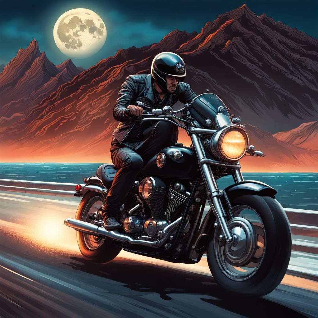 Motorbiker on Cruiser at Night: Hyperrealistic Splash Art